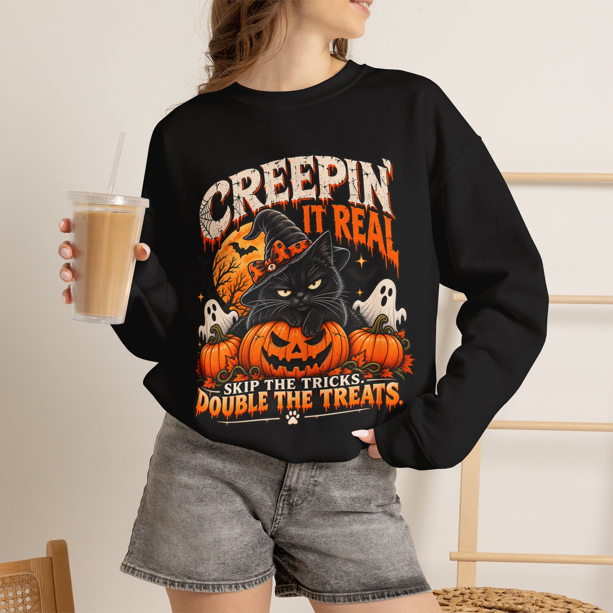 Creepin’ It Real™ Halloween Cat Crewneck Sweatshirt