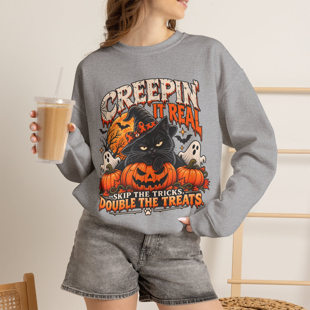 Creepin’ It Real™ Halloween Cat Crewneck Sweatshirt